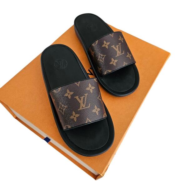 Louis Vuitton Sunbath Flat Slide Sandal Size 40 US 10 Brown LV Monogram Rubber - Picture 2 of 8